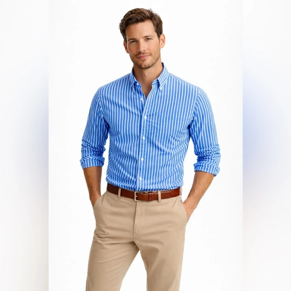 J.Crew Mens Large Classic Fit Blue White Stripe Button Down Shirt 100% Cotton